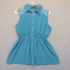 Paris Pink Embellished Lace Shoulder Sleeveless Blouse Turquoise Studded Collar